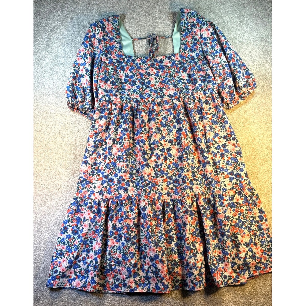 BCBG Paris Blue Floral Puff Sleeve Tiered Babydoll Mini Dress Square Neck Medium